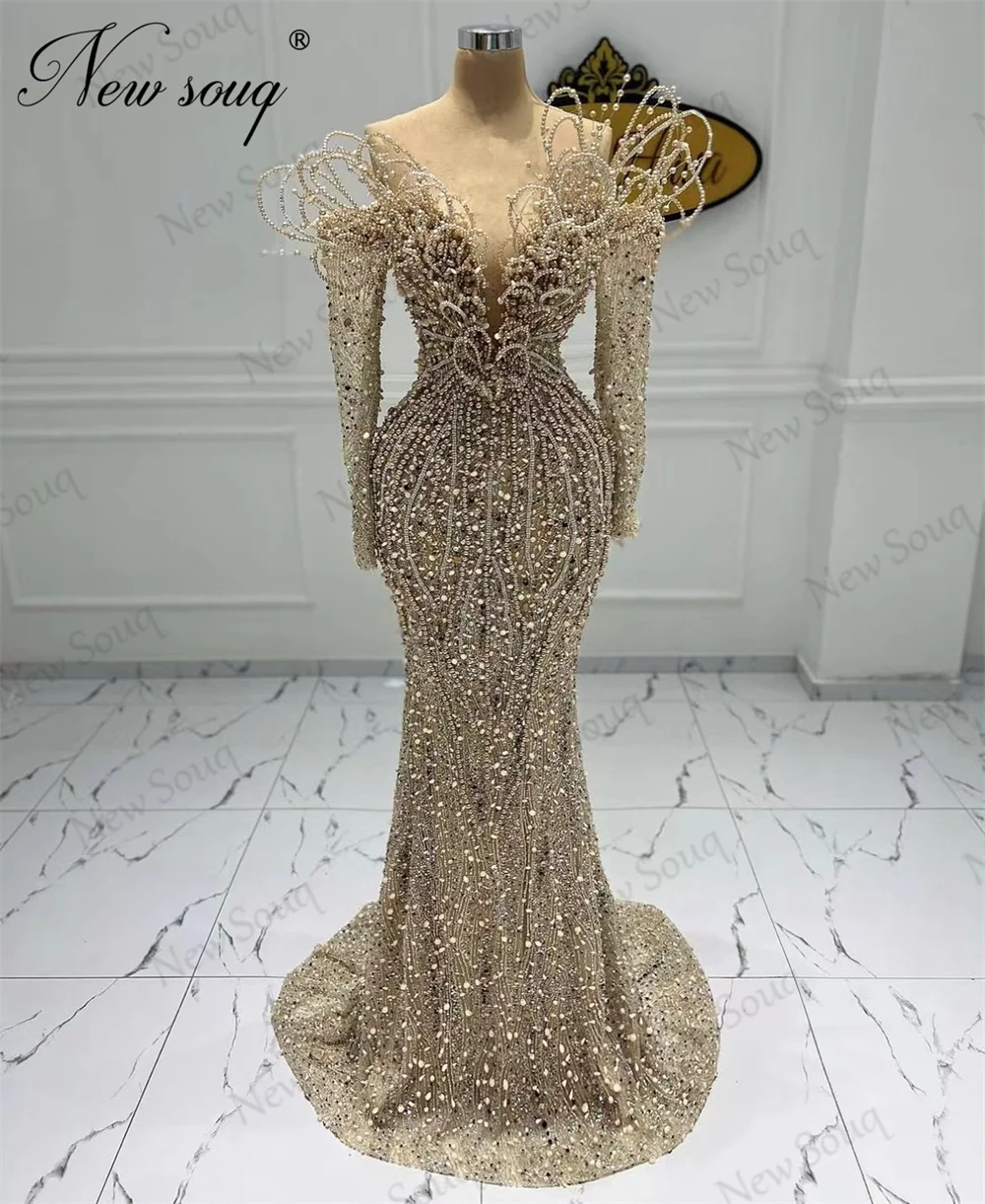 

Champagne Full Beaded Evening Dresses For Women Dubai Coutures Long Sleeves Celebrity Occasion Dress Luxury Wedding Party Gowns