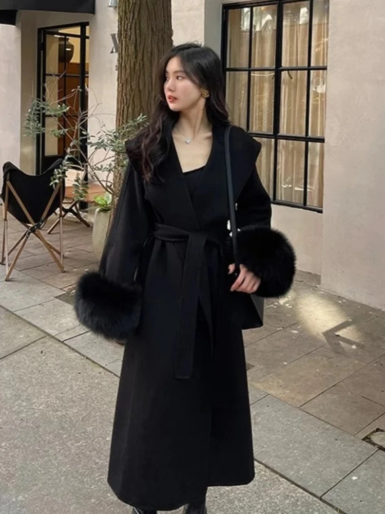 2025 Nuovo Grande Collare Reale Polsino di Pelliccia di Volpe Cappotto di Lana di Cachemire Elegante Giacca di Lana a doppia faccia Femminile Caldo Vestiti Invernali Delle Donne