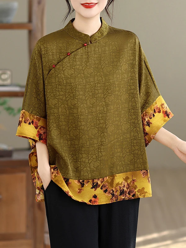 

New Chinese Style Fashion Set Shirt Pants Buttoned Skirt Three Piece Suite for Mom Summer Lightweight Loose Fit Home Wear