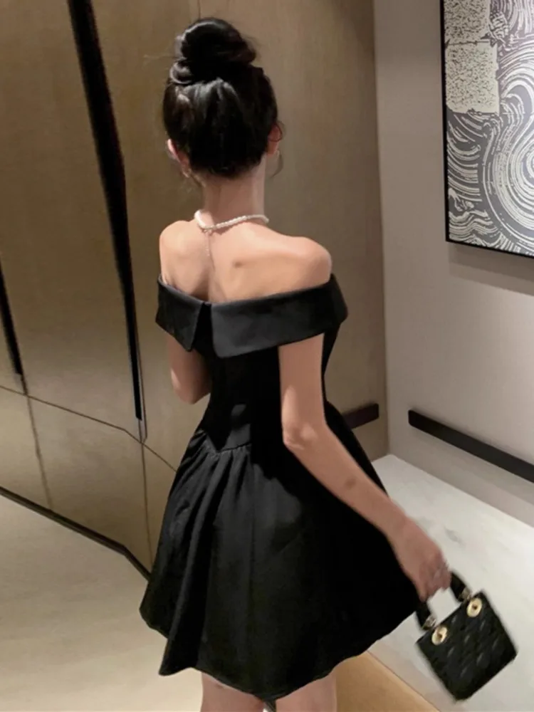 Topenomi French Vintage Boat Neck Black Evening Dress Women Elegant High Waist Slim Fit A-line Cocktail Prom Party Short Dresses