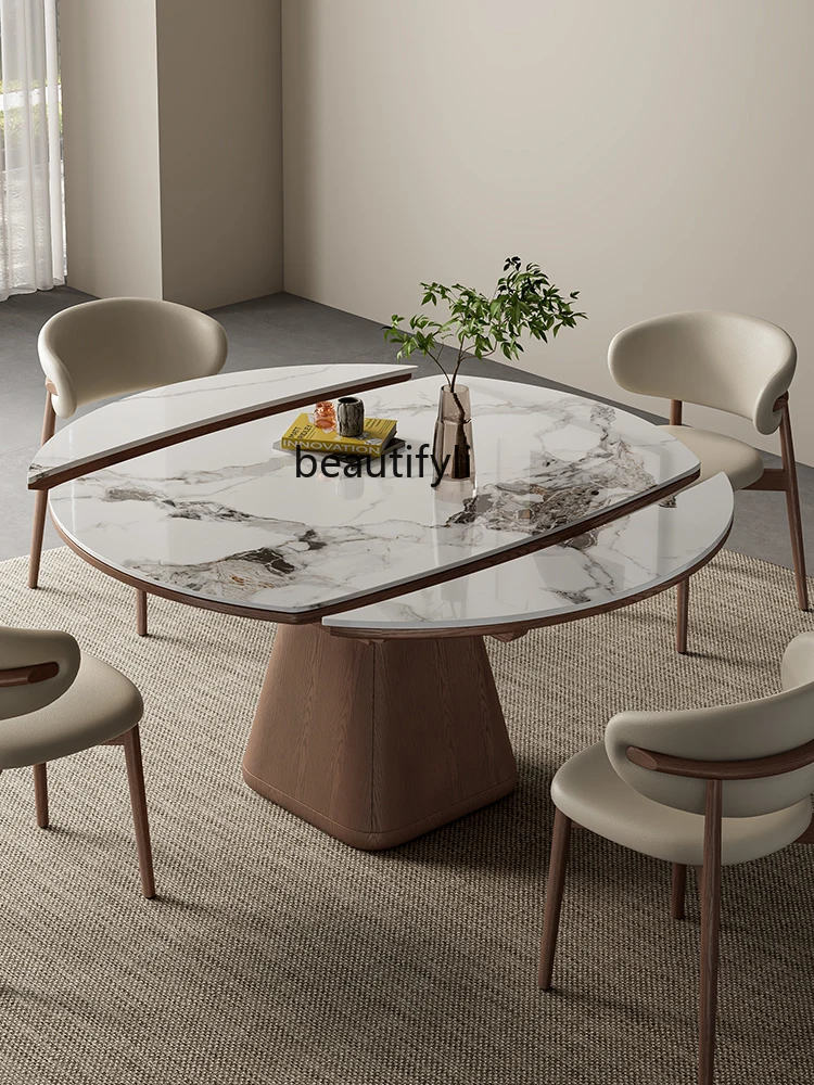 

Retractable round dining table light luxury high-end small apartment square and round multi-function rotating Italian style