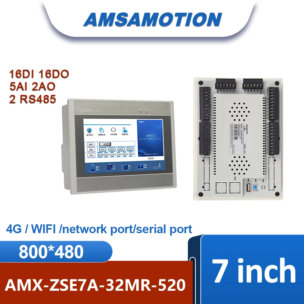 

AMSAMOTION 4G touch screen PLC all-in-one machine HMI Modbus RTU master station is compatible with Mitsubishi Siemens 200Smart