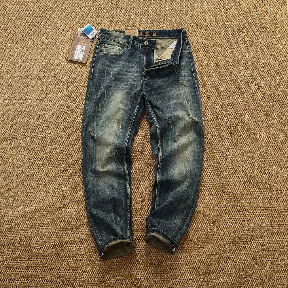 بنطلون جينز ثقيل مغسول للخريف والشتاء جديد للرجال ذو علامة تجارية عصرية رفيعة ومستقيمة قابلة للتمدد