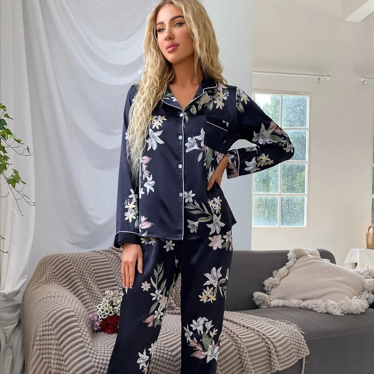 Flower Print Sleepwear Satin New Pajamas Suit 2Pcs Nightwear for Lady Satin Homewear Long Sleeve Shirt&pants Pyjamas Loungewear