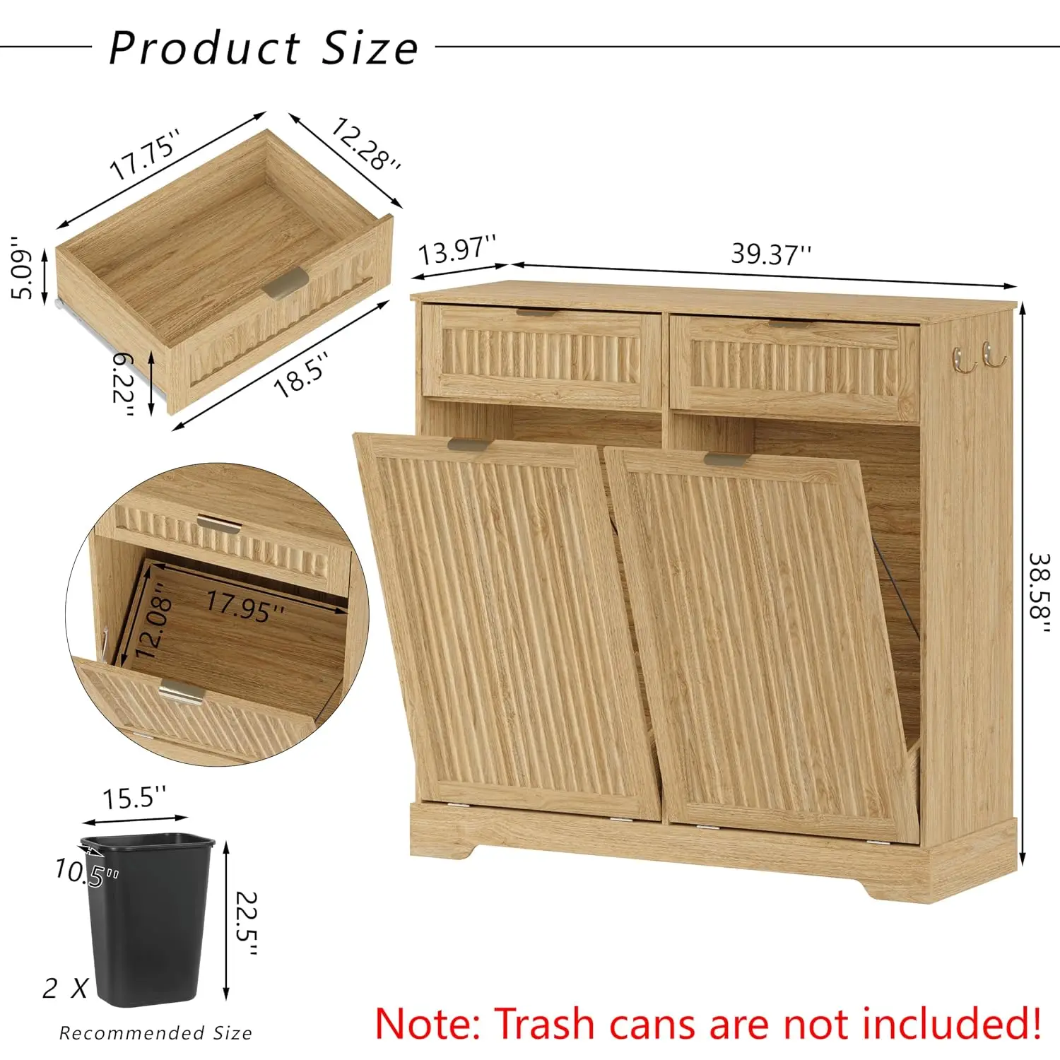 Double Tilt Out Trash Cabinet Fluted Kitchen Pantry Storage Cabinet With Drawers Hidden Garbage Can Holder Table Living Room Dining Room Laundry Furniture Natural Oak