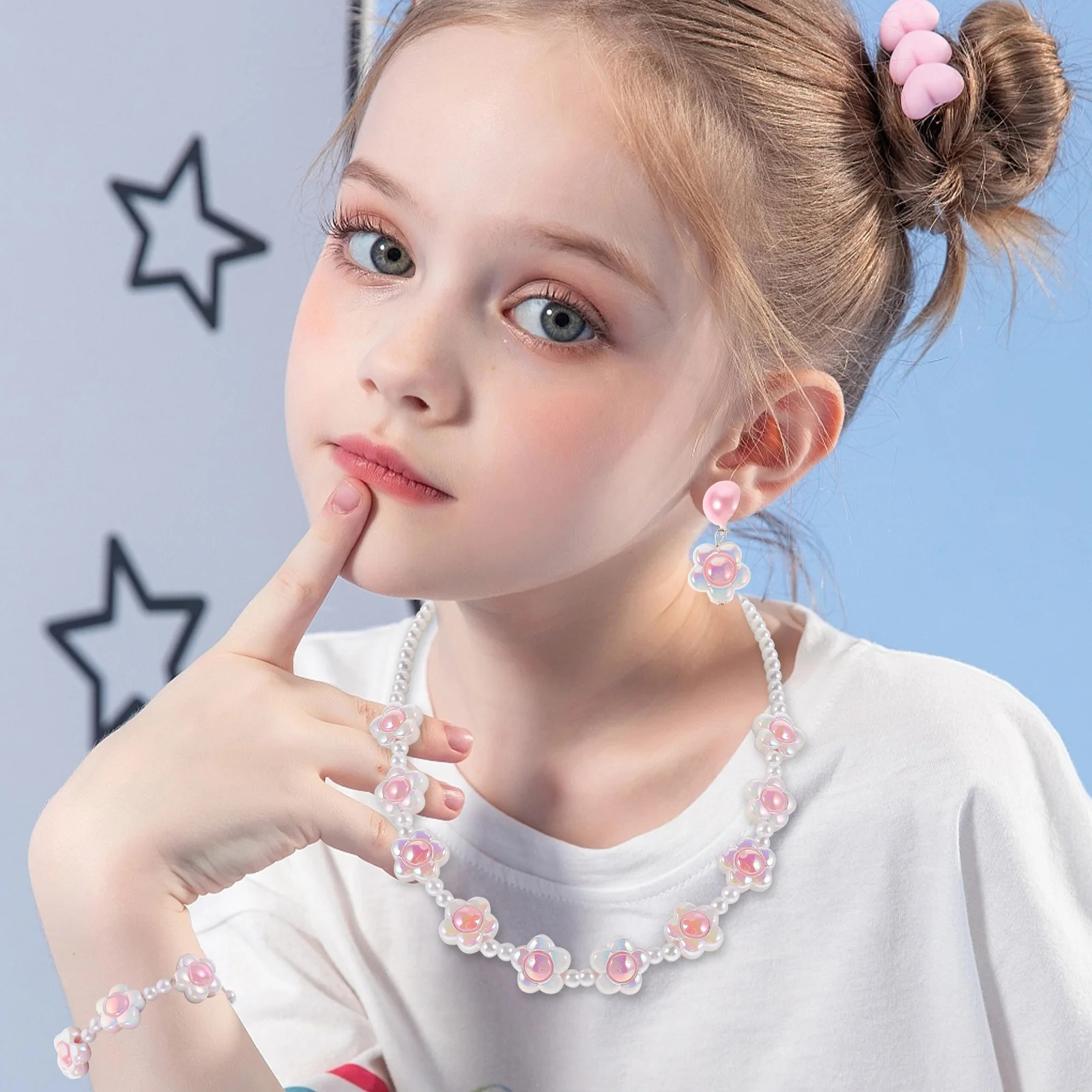 

1Set Kids Jewelry Set with Pearl and Flower Design Toddler Girl Necklace Bracelet Earrings Matching Set for Little Princesses