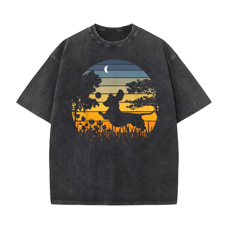 Dachshund Wiener Dog Sunset Garden Nature Lover Pure Cotton T-shirt For Man Oversized Art Graphic Clothing Printed