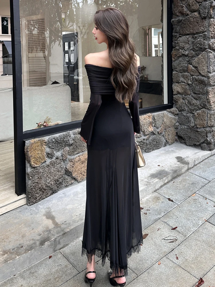 Celebrity Casual Long Evening Prom Dresses donna elegante elastico Sheer Mesh Off spalla Maxi Robe Party Holiday Mujer Vestidos