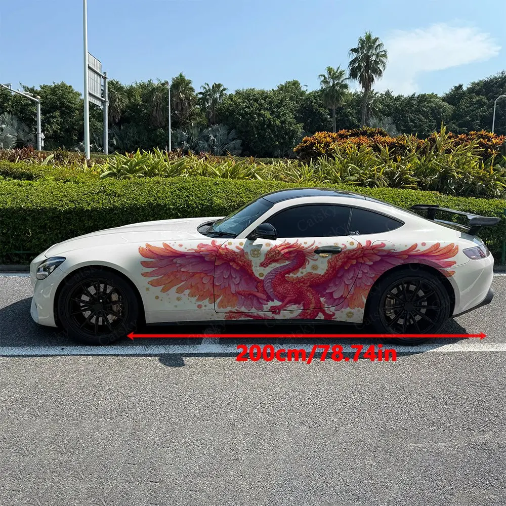2pcs Red Dragon With Star Accents Car Side Wraps, Self-Adhesive PVC Waterproof & Scratch-Resistant Stickers, Car Accessory Gift