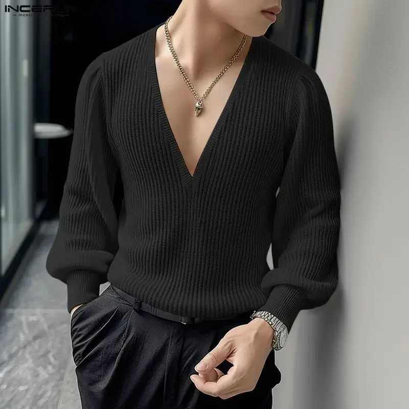 INCERUN Herren T-Shirt Einfarbig V-Ausschnitt Gestrickt Langarm Casual Tee Tops Streetwear Frühling 2026 Mode Freizeit Herrenbekleidung
