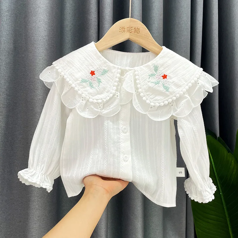 1-6 years old girl's shirt new white shirt double collar lace Korean version of foreign style baby base shirt spring and autumn