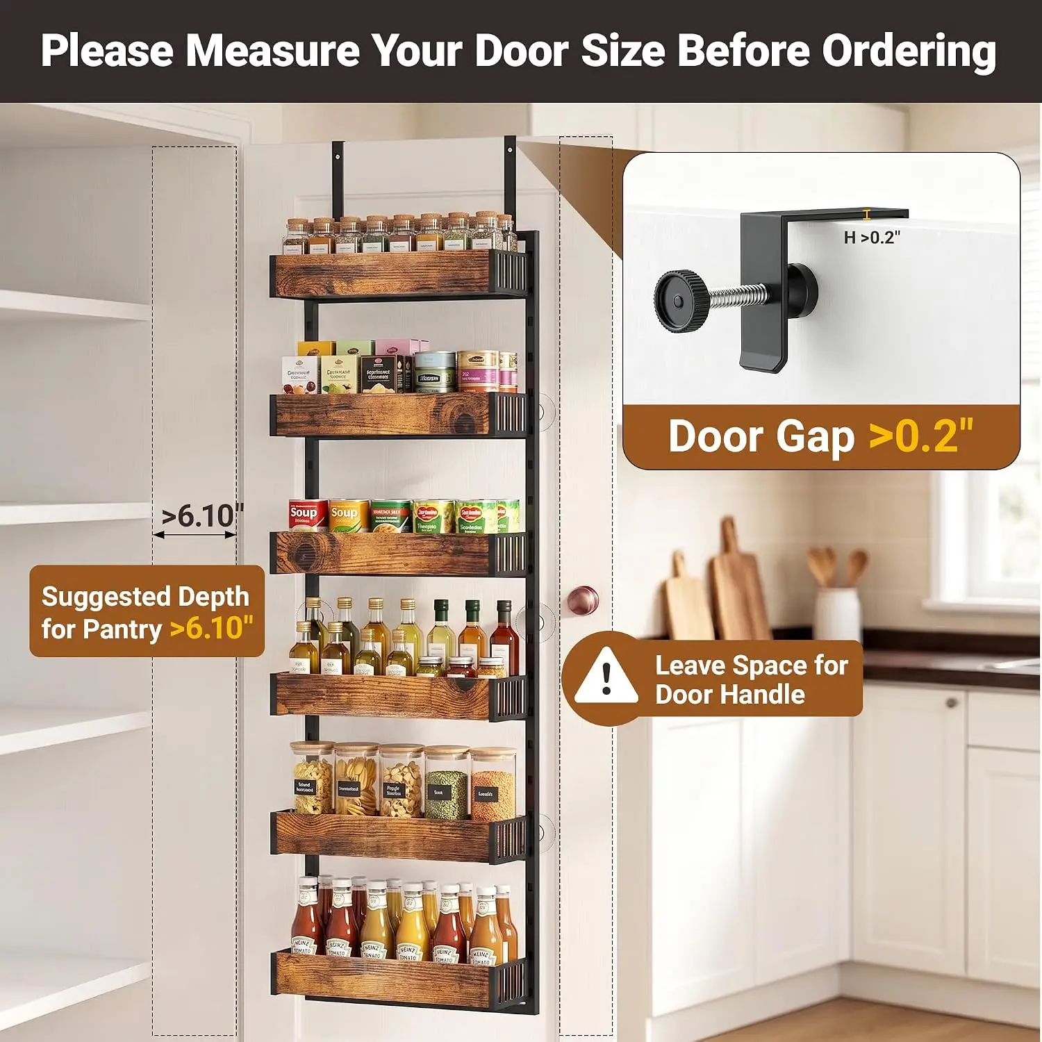 6-Tier Over-the-Door Pantry Organizer and 2-in-1 Spice Rack, Door-Hanging or Wall-Mounted, Space-Saving Metal Storage Shelves with Adjustable Baskets for Kitchen, Closet, Bathroom, 1 Pack