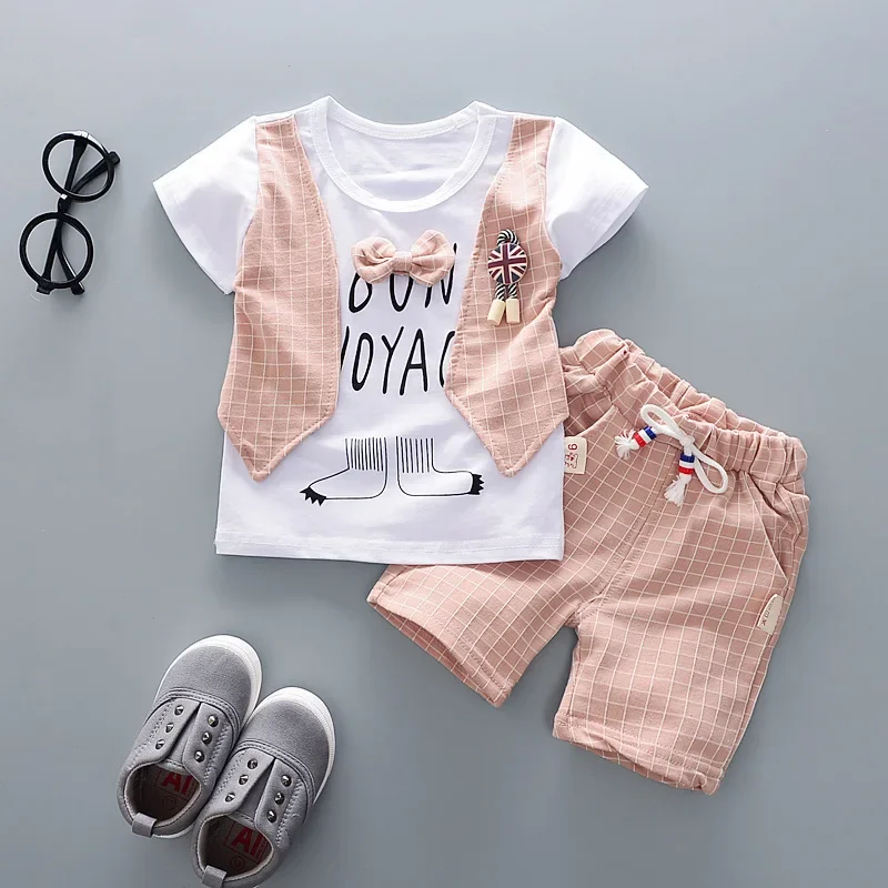 2022 Summer Baby Boys Clothing Sets Cartoon lattice Tie T-shirt + Shorts 2 pieces set Boy Clothes