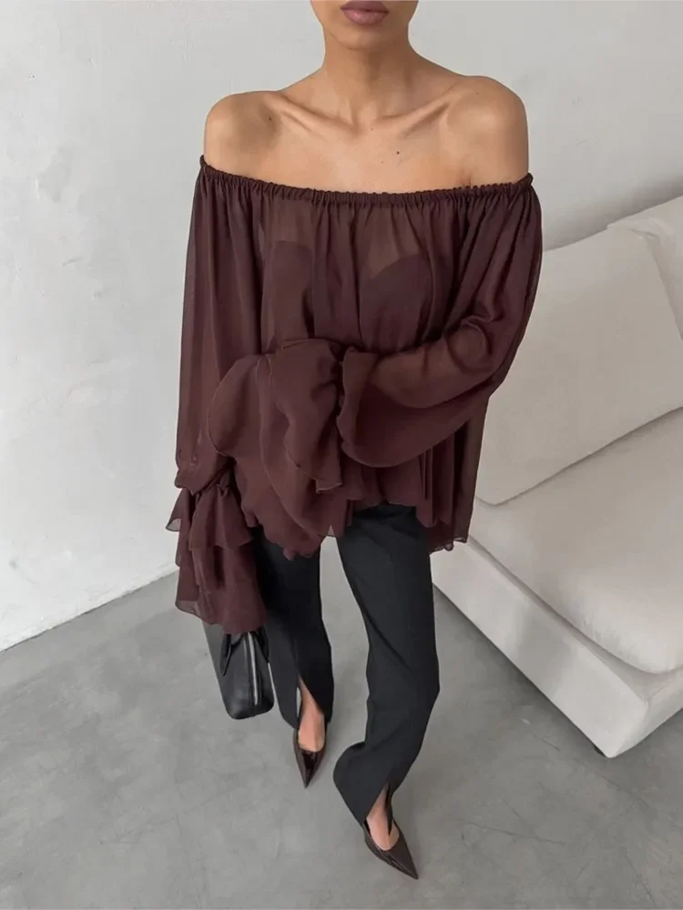 Fashion Brown One Neck Shirt Women See Through Ruffle Edge Loose Blouse 2025 New Summer Chic Vintage Casual Long Sleeve Shirts