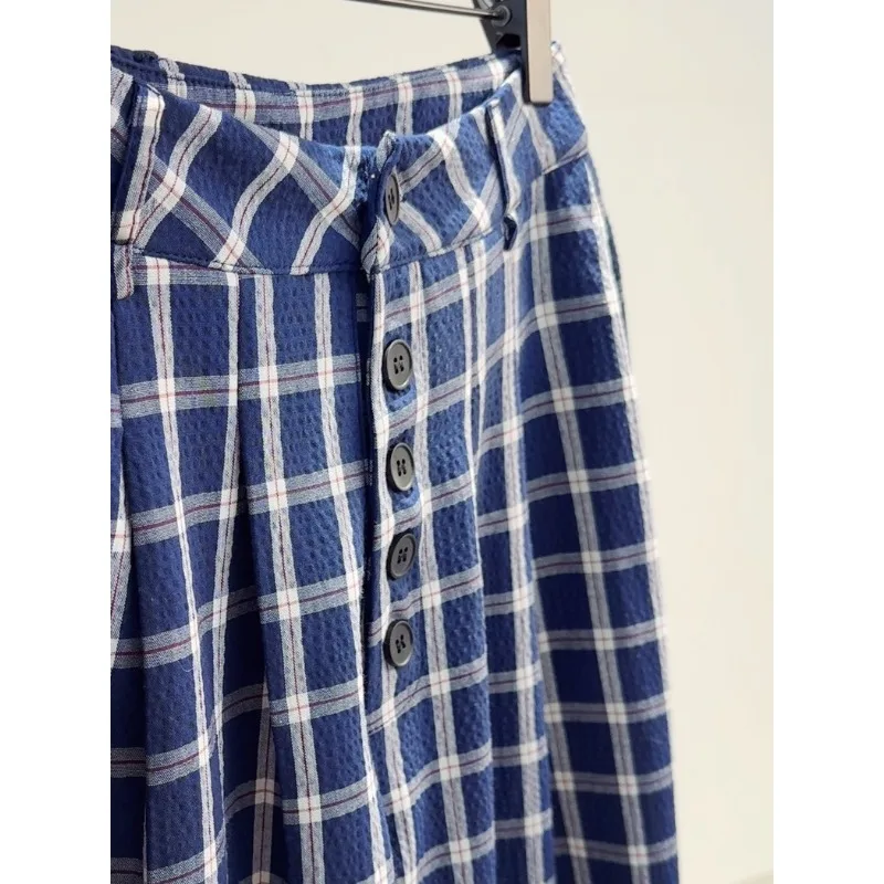Japanese Plaid Wide Leg Pants Women Spring Autumn Straight Trouser Pocket Button Fashion Loose Casual Pants Lazy Y2k Clothes