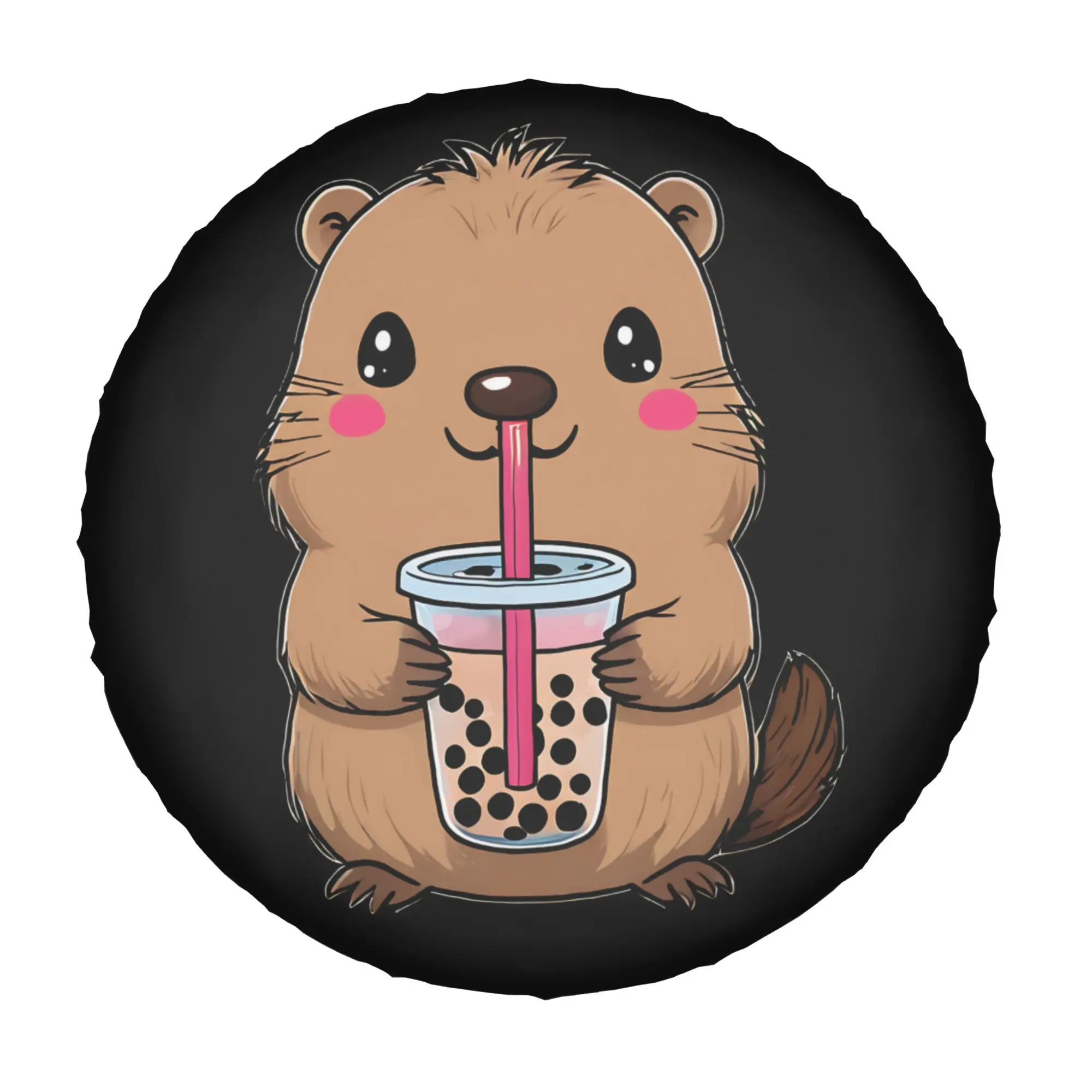 2D Flat Printing 1pc Capybara Drinking Boba Tea Printed Car Tire Cover, Universal Stylish Spare Wheel Protector, Perfect Fit Eas