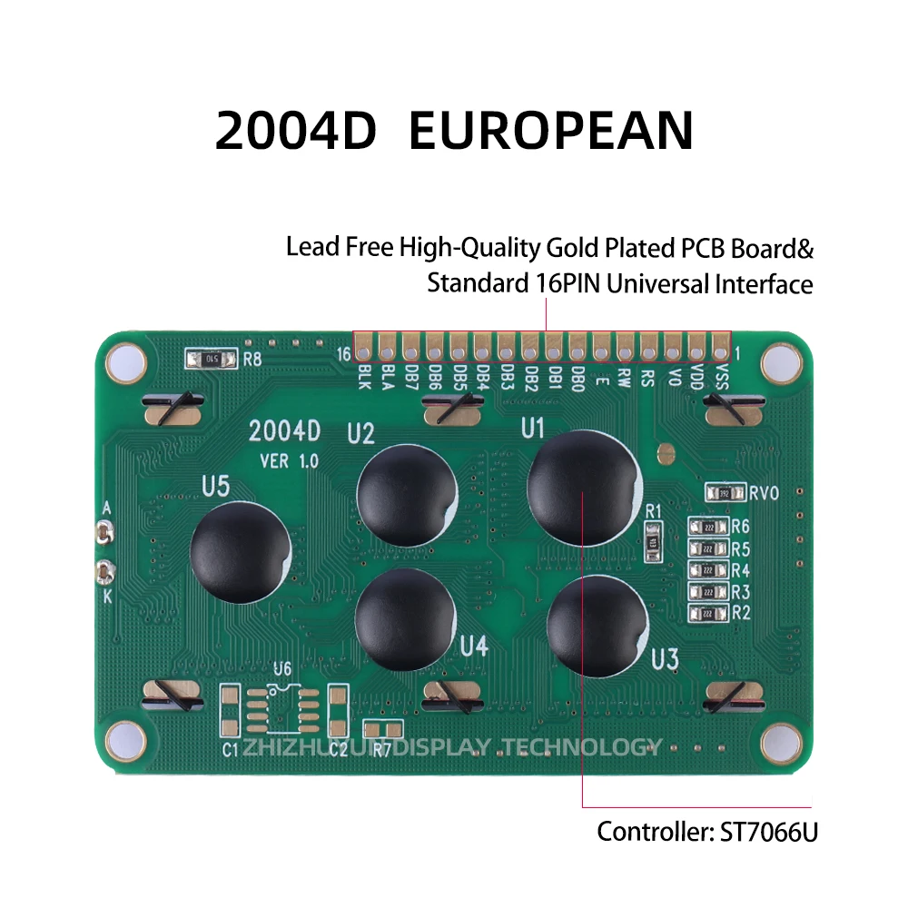 Obsługa języka niestandardowego Moduł LCD z europejskimi znakami 2004D, jednorzędowy moduł interfejsu z żółto-zieloną folią 77*47 mm