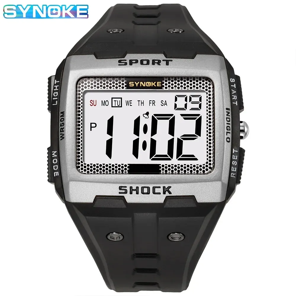 SYNOKE New For Men Sports Electronic Watch Waterproof Night Glow Large Screen Square Student Watch Outdoor Running Camping