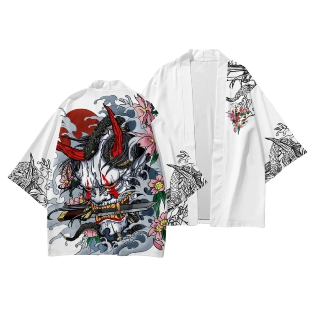 

3D Printed Chinese Dragon Graphic Short Sleeve Tops Japanese Demon Mask Pattern Cardigan Kimono Asian Traditional Unisex Clothes