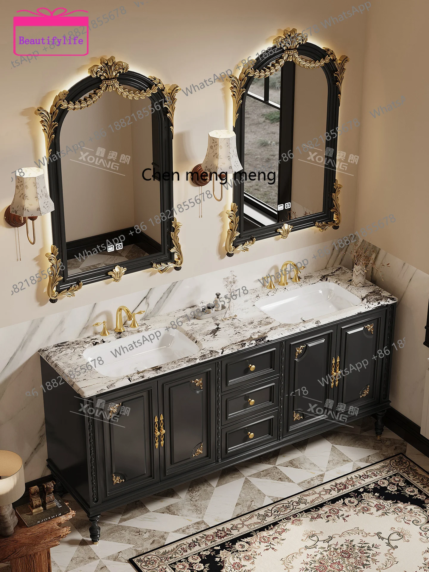 

YL Natural marble French oak bathroom cabinet combination bathroom luxury stone washstand hand basin