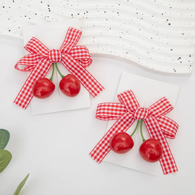 4 sztuk/partia Vintage Cherry BB Barrettes czerwona krata kokardka spinki do włosów dla księżniczek nowonarodzone dziewczyny dzieci spinki do włosów spinki do włosów