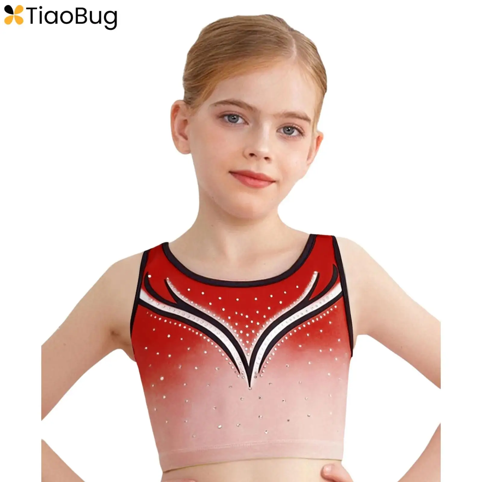 

Girls Gymnastics Ballet Dance Top Figure Skating Vest Round Neck Sleeveless Sparkling Rhinestones Gradient Color Tank Crop Top