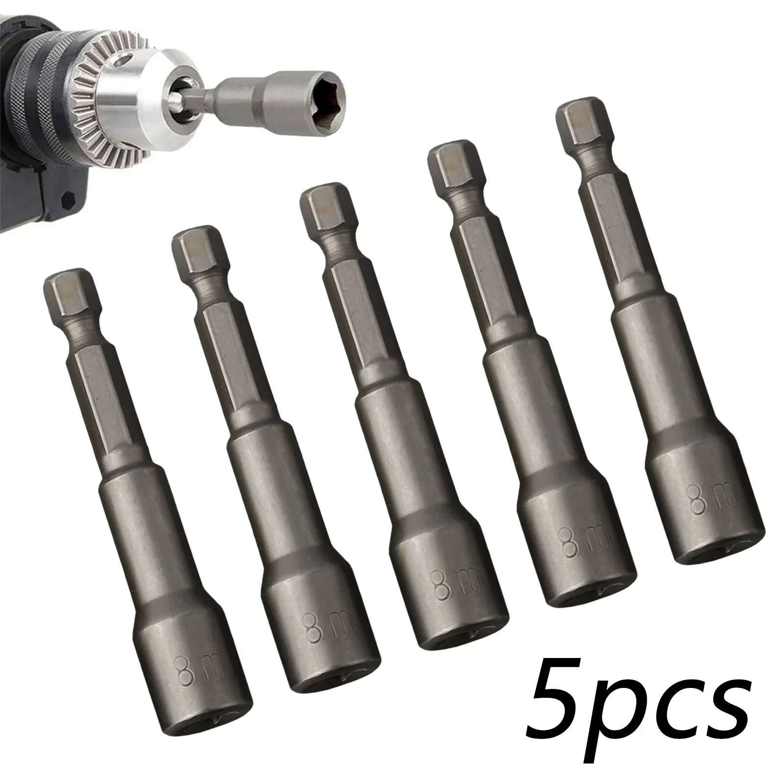 5Pcs 8mm Silver Magnetic Hex Sockets Tech Screw Driver Tek Bits Drill Nut Setter Roofing Cladding Set Bits Set Hand Tool Part