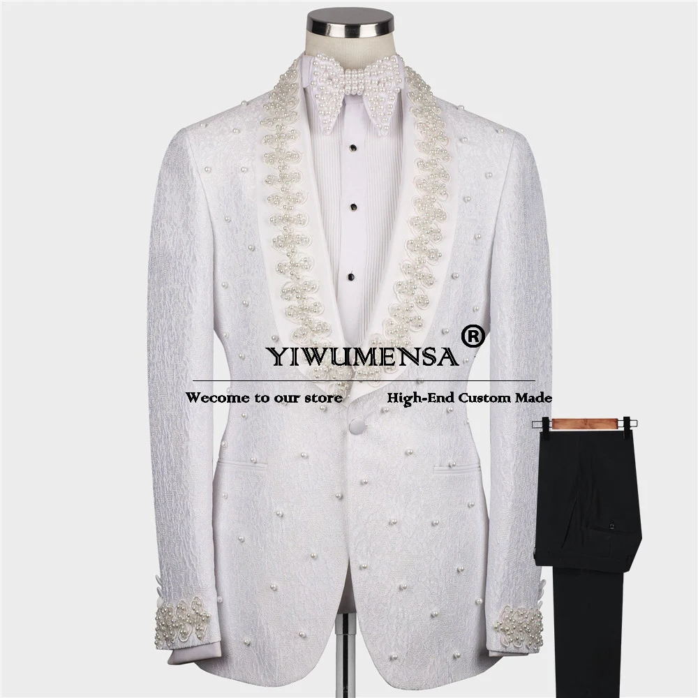 

Man Handmade Pearls Appliques Suits For Wedding Shawl Lapel Floral Jacket Pants 2 Pieces Groom Tuxedos Besopke Men's Clothing