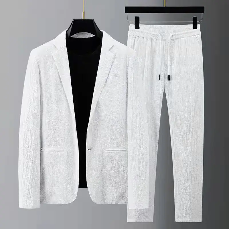 Homens Terno Calças De Cordão Blazers Conjuntos dos homens Fino Primavera Outono Ternos Plissados Roupas Casuais Preto Branco Único Botão