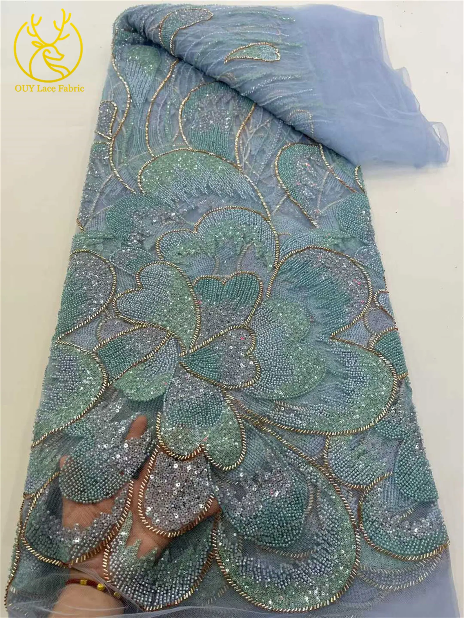 Kain Brokat Afrika 2025 untuk Pengantin Pria, 5 yard, Bordir Payet Prancis, Kain Tulle untuk Pernikahan, Bahan Jahit Pernikahan