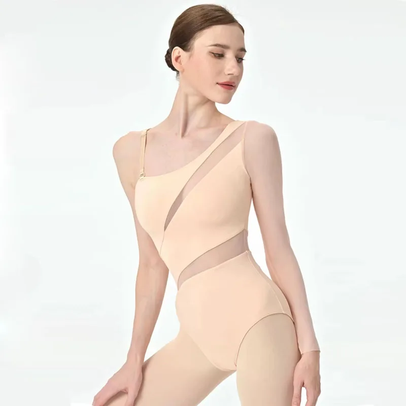 Neue Ballett-Tanz-Trikots für Mädchen und Frauen, Mesh-Spleißen, diagonale Ärmel, unregelmäßige lange Ärmel, Gymnastik, lyrisches Bühnenkostüm