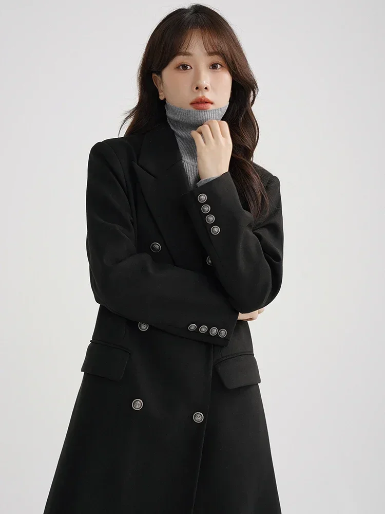 Korean Style Vintage Black Wool-Like Coat Women Double-Breasted Elegant Overcoat with Button Details for Autumn Winter Fashion