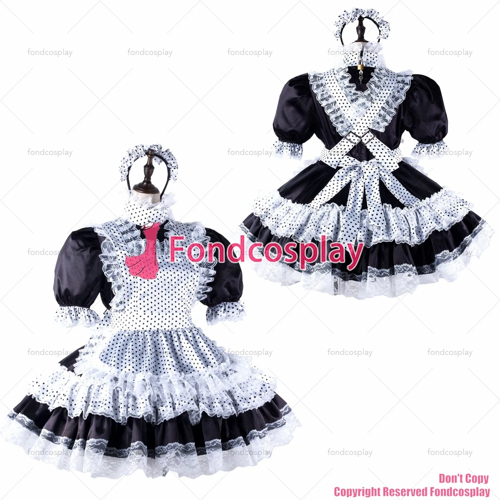 

fondcosplay adult sexy cross dressing sissy maid black satin dress lockable Uniform white Dots apron costume CD/TV[G2216]