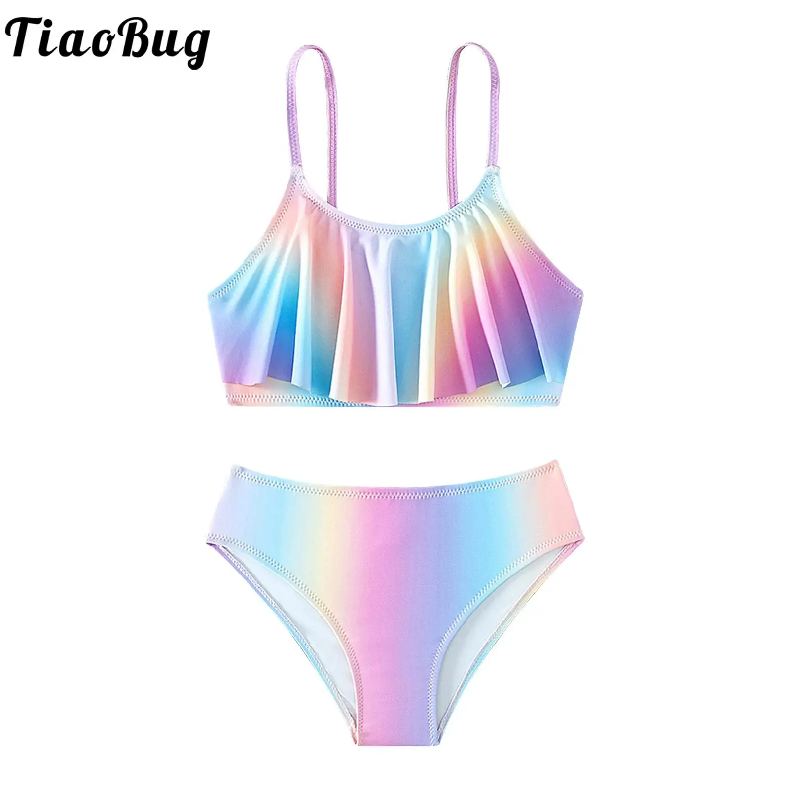 

Kids Girls Swimsuit Two Piece Gradient Colour Bikini Ruffle Top with Shorts Tankini Children Swimwear Pool Beach Bathing Suit