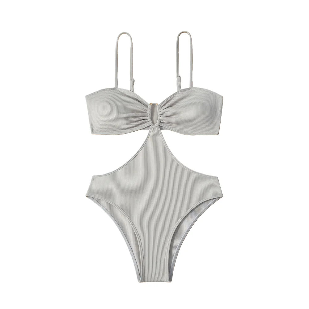 بدلة سباحة مثيرة قطعة واحدة عالية الساق، تصميم مضلع باللون الرمادي الفاتح مع لهجة ذهبية، ملابس شاطئ نسائية للتخسيس #3