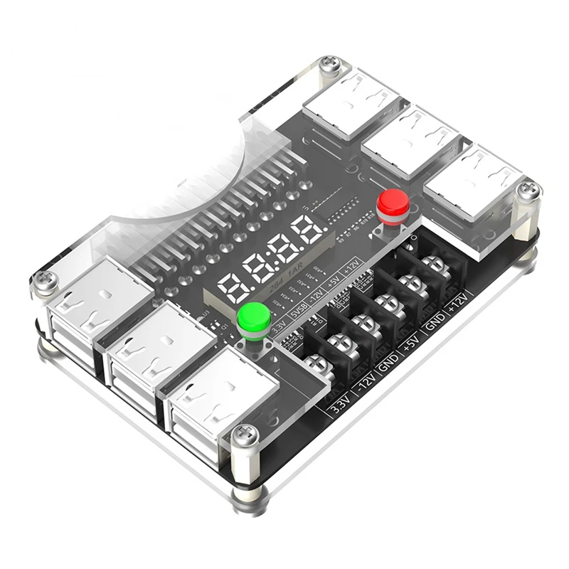 ATX Power Supply Breakout Board With Acrylic Case 3.3V, 5V, 12V, -12V Output Voltage And 12 Ports USB, 3A Maximum Output