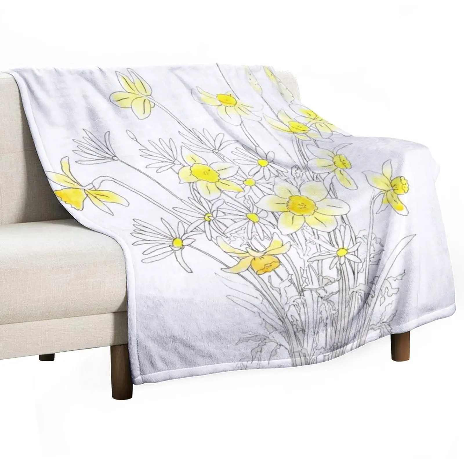 white daisy and yellow daffodils ink and watercolor Throw Blanket Soft Plush Plaid christmas gifts Blankets