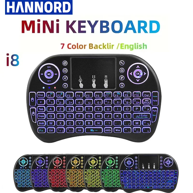 Hannord i8 Keyboard 7 Colors Backlight English Air Mouse Wireless Remote Control with RGB Backlit for Smart TV Box PC Laptop