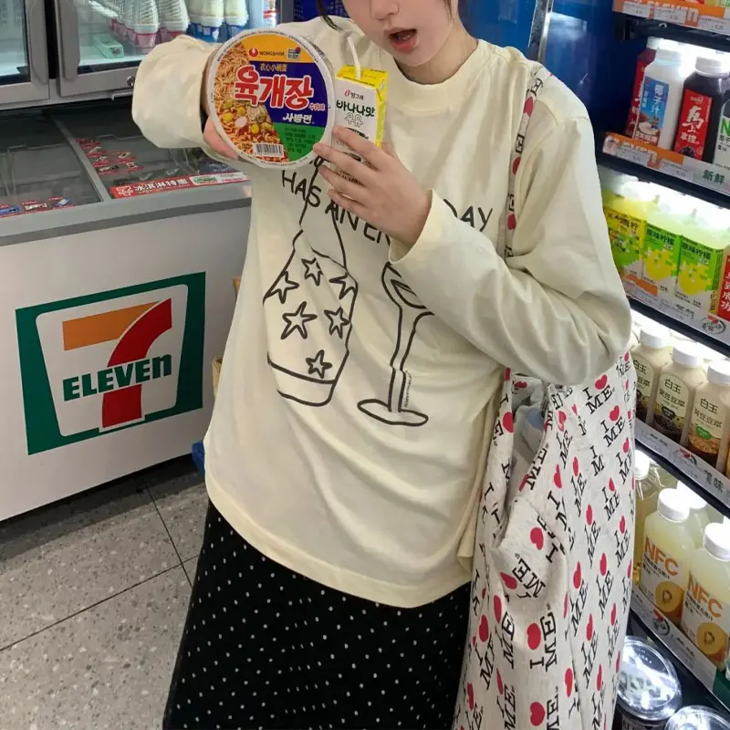 

Casual Korean Printed O-Neck Pullovers Spring Autumn Long Sleeve Female Clothing Basic Letter Loose American Vintage T-shirts