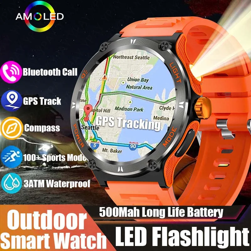 

Outdoor Military Smartwatch Men 3ATM Waterproof Bluetooth Call Sports Fitness GPS Track 500Mah LED light Smartwatch 2025 New