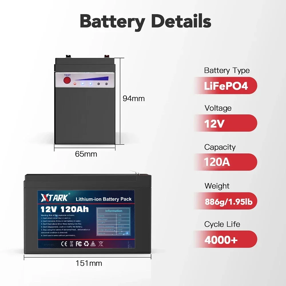 2024 Upgraded LiFePO4 Lithium Battery 12V 120Ah Portable Rechargeable Battery Built-in Power display Port Charging