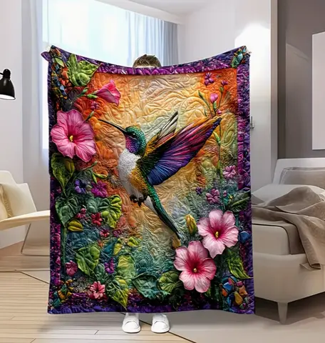 Colorful Bohemian Style 1pc Hummingbird & Floral Print Flannel Blanket Warm, All-Season Throw for Sofa, Bed, Office, and Travel