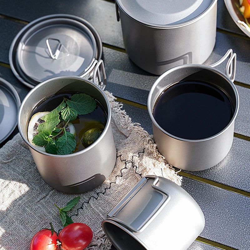 Pure titanium water cup, mug, foldable anti scald handle, portable outdoor camping cup, healthy food grade pure titanium cup