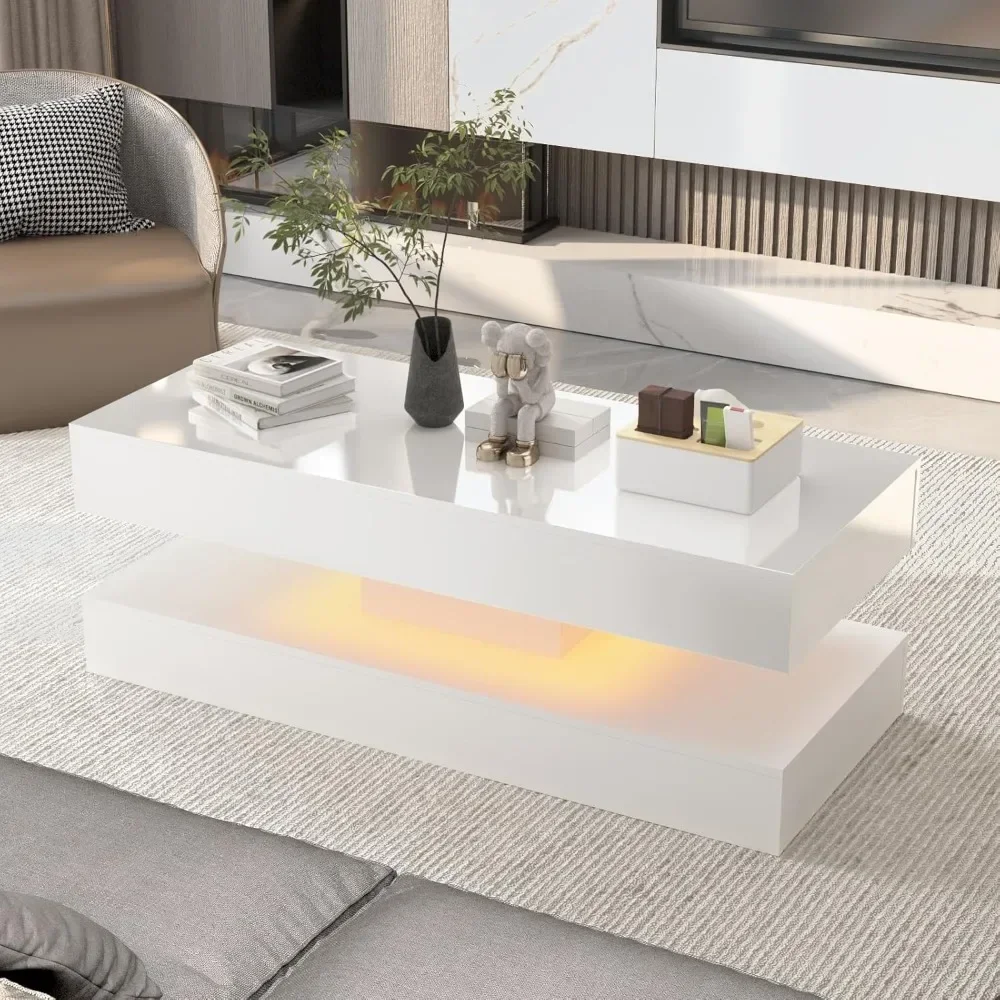 Mesa de centro LED de alto brillo, luces LED de aplicación, negro/blanco, muebles modernos para sala de estar, 47,3 pulgadas