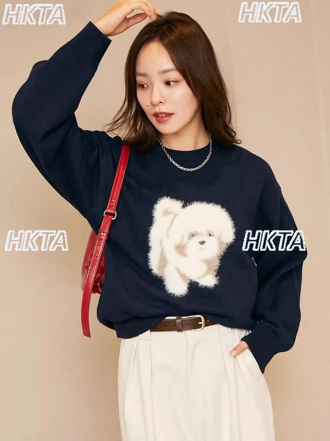Sweet Commute 2025 Autumn Winter Plush Cartoon Pattern Round Neck Loose Knitted Pullover Top Long Sleeve Black Sweater for Women