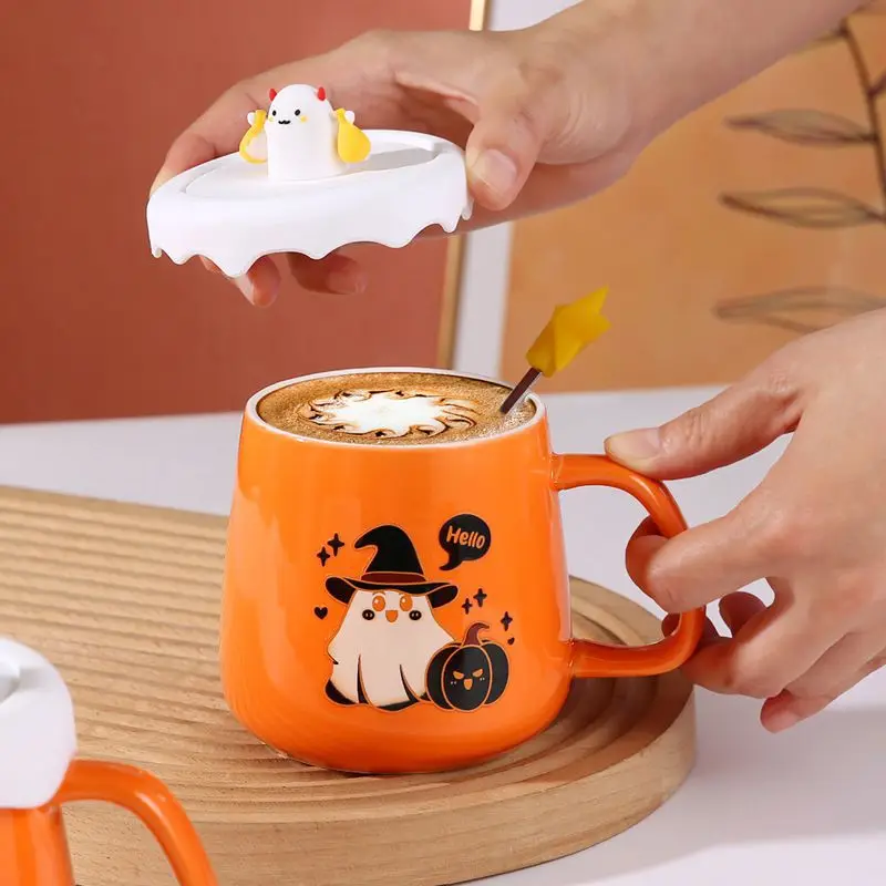

New Halloween Ceramic Mug With Lid Spoon Gift Coffee Cup Setceramic Mug With Lid Cute Witch Cat Shape Girl'S Birthday Present