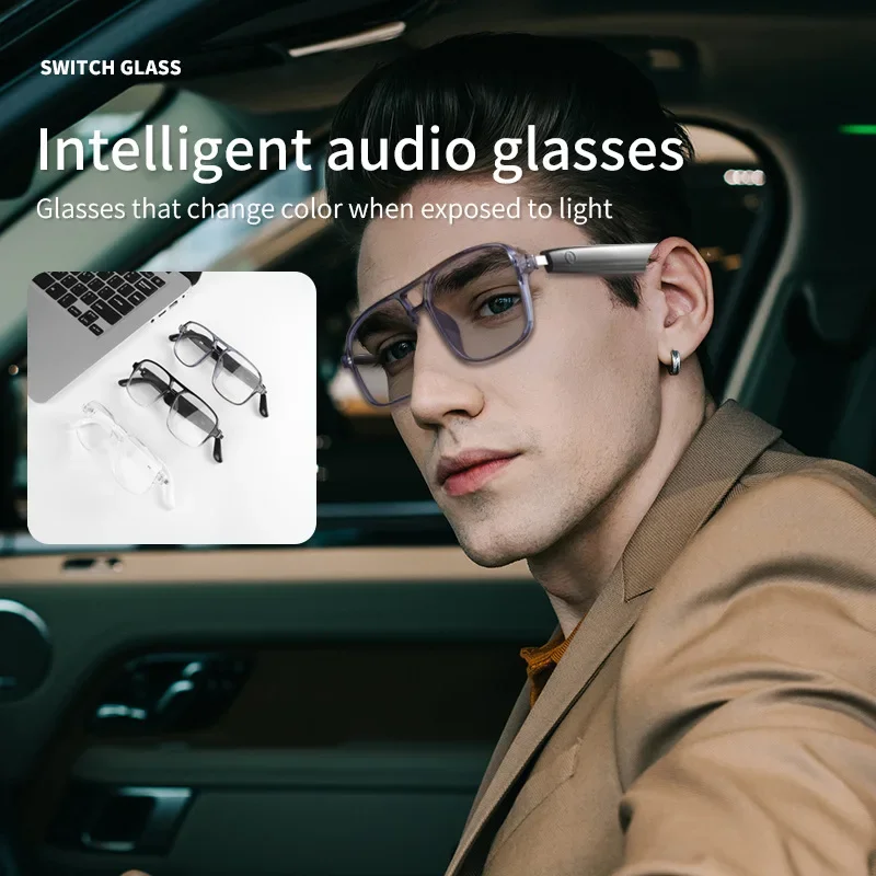 Intelligente Bluetooth-Audiobrille, Doppelstrahl, farbwechselnde Gläser, Anti-Blaulicht-Sonnenbrille für Anruf/Linsten zu Musik/im Freien