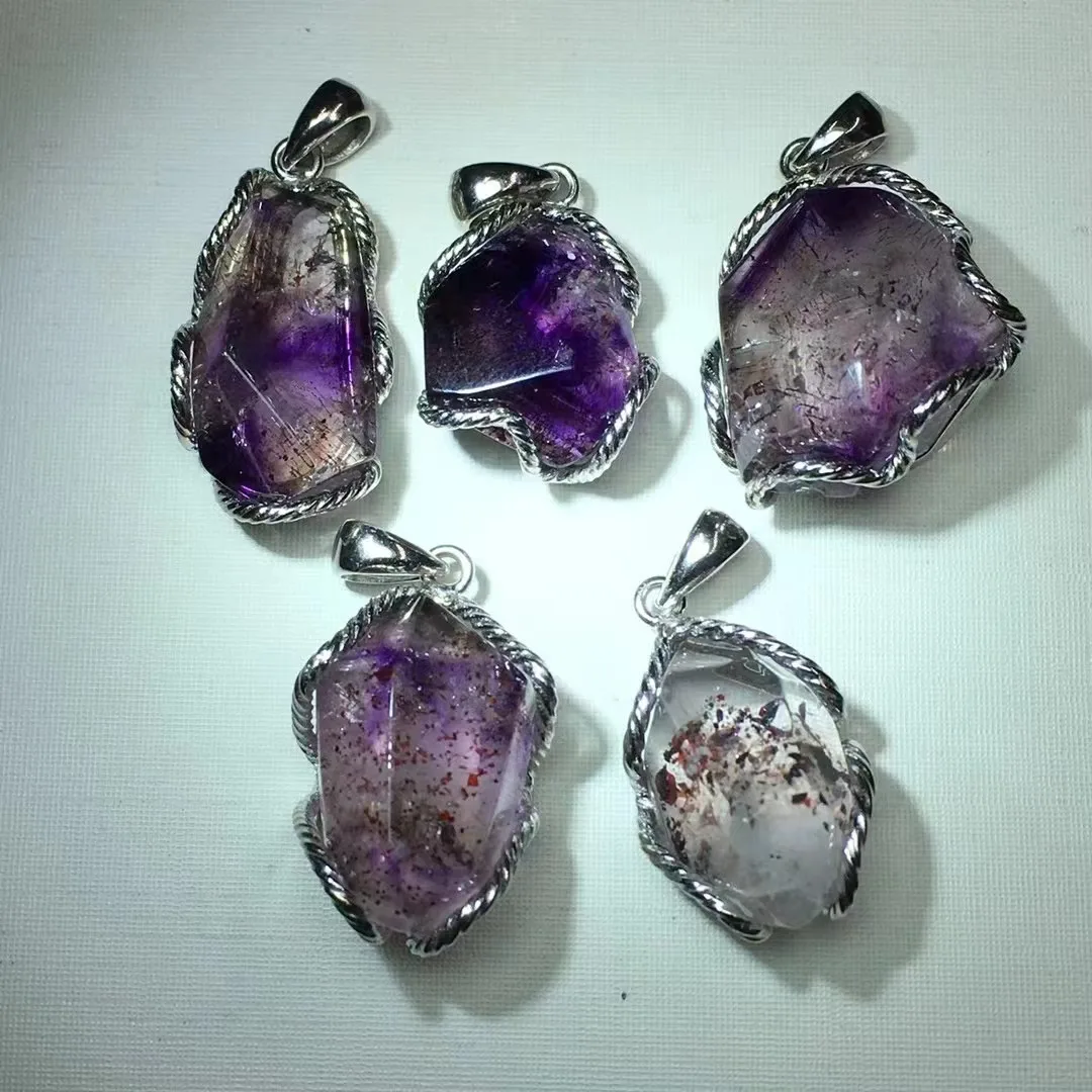 

Unit One Piece 925 Silver Buckle With Good Natural Purple Rutile Super Seven Quartz Crystal Healing Free Form Pendant For Gift