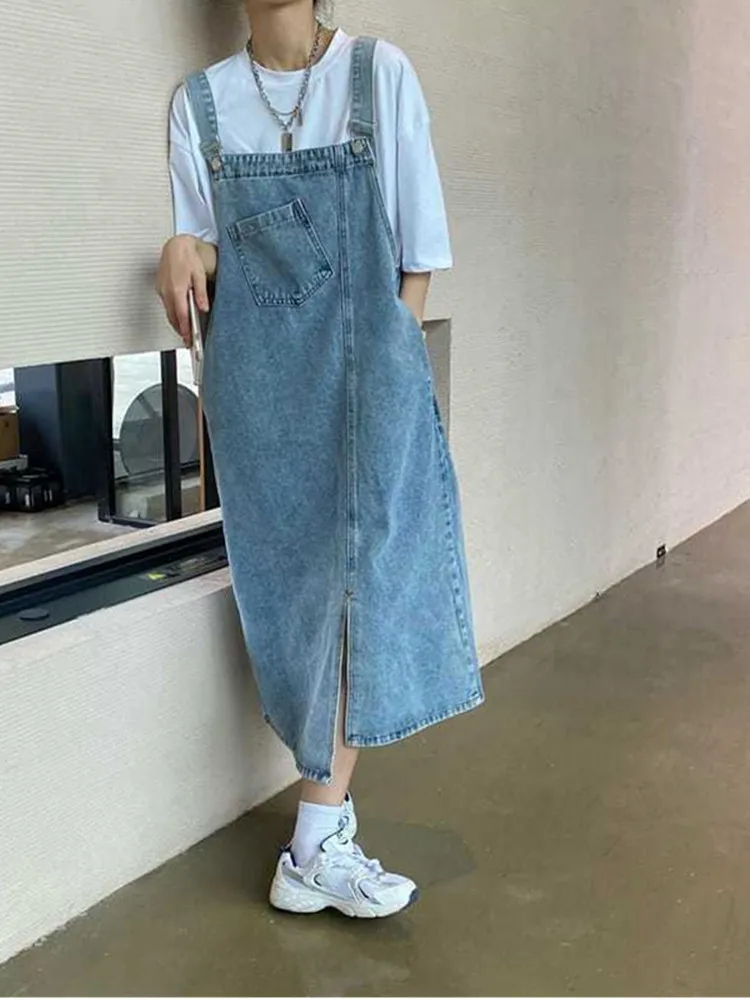 Denim strap skirt retro loose denim strap dress large size women's Casual irregular gap long summer dress Ladies sleeveless