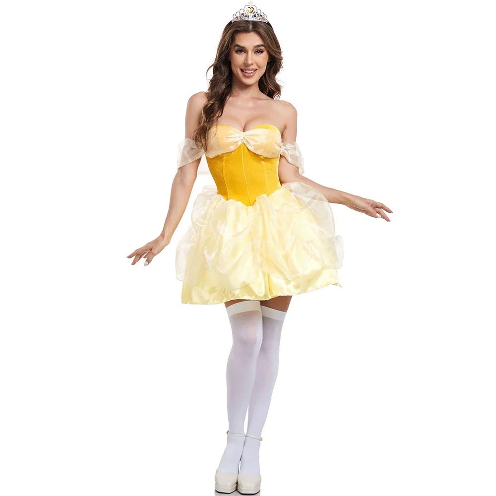 

Halloween Classic Fairy Tale Snow White Princess Dress Set Sexy Yellow Princess Cosplay Costume Party Masquerade Queen Dress